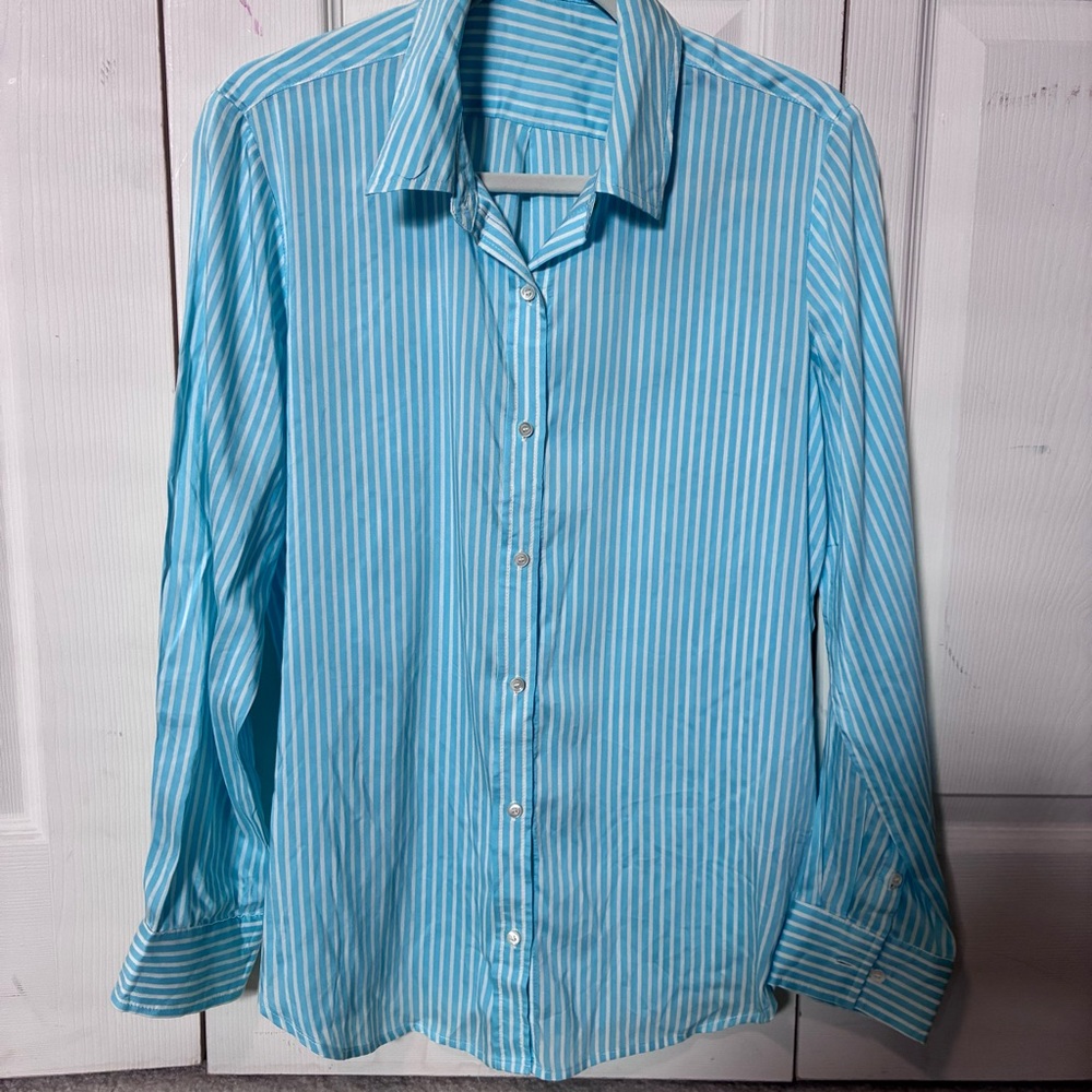 J. McLaughlin Aqua and White Striped Shirt L